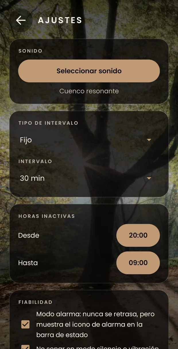 La primera mitad de los ajustes: el sonido elegido con su botón para cambiarlo, el tipo de intervalo puesto en fijo cada 30 minutos, las horas inactivas de 20:00 a 9:00 y las casillas de fiabilidad.