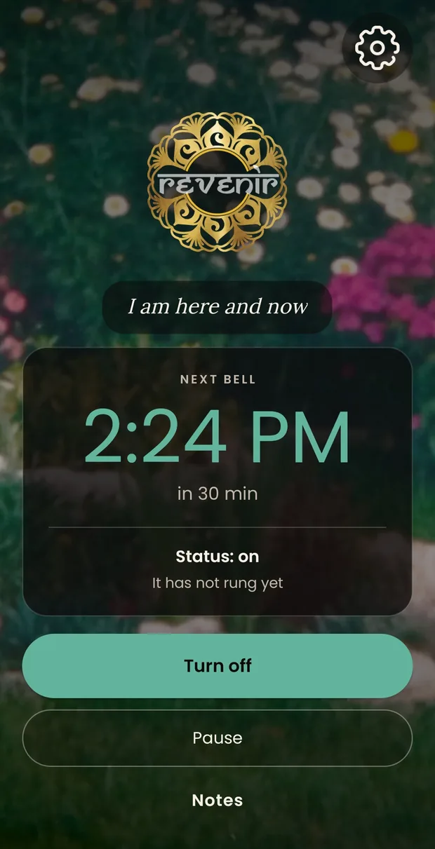 The main screen wearing that jade: the next bell at 2:24 PM in pale green, and the turn-off button filled in the same green.